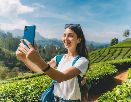Young woman taking selfie with smartphone at tea plantation in Munnar, Kerala, Indiaの素材