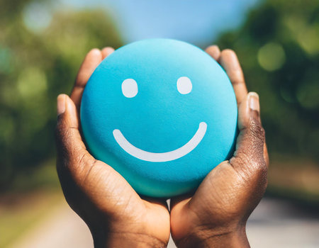 Smiling face on blue ball in hands of african american womanの素材