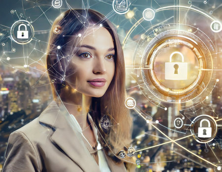 Close up of businesswoman looking at digital padlock interface on blurry city background. Security conceptの素材