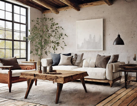 Modern living room interior with sofa, coffee table and plant. 3d renderの素材