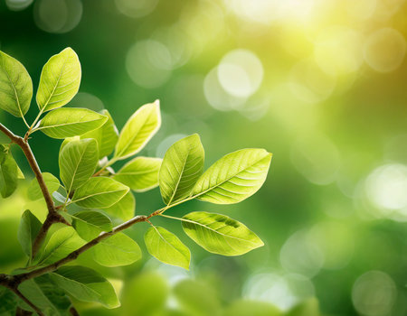 Close up of green leaves on blurred greenery background with bokehの素材
