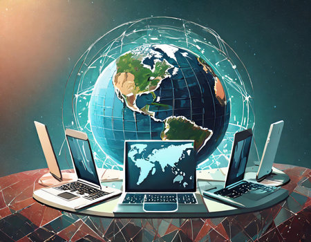 Laptop and notebook computers connected to each other around the globe.の素材