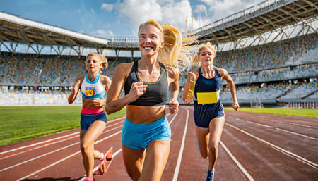 group of happy sporty women running on athletic race track in stadiumの素材