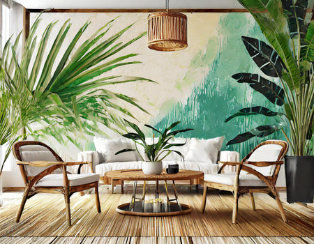 Interior of modern living room with tropical plant. 3D renderingの素材