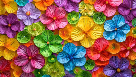 Colorful background made of many colorful paper flowers. Top view.の素材