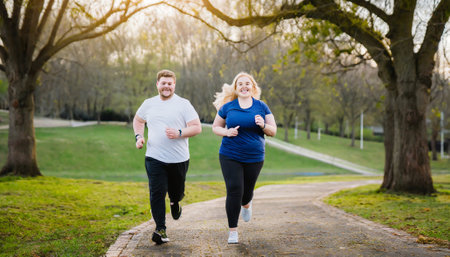 Fat woman and man jogging in the park. Healthy lifestyle concept.の素材