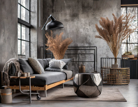 Interior of modern living room with gray sofa, armchair and coffee tableの素材