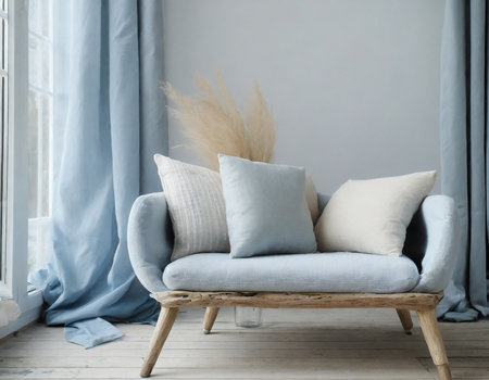 Comfortable sofa with pillows near window in room. Interior designの素材