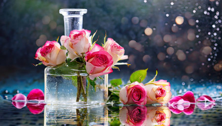 Beautiful roses in a glass vase on a dark background.の素材