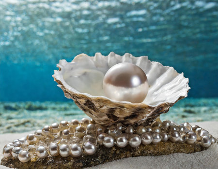 Pearl on the shell of an oyster against the background of the seaの素材