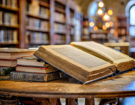 Old books on a wooden table in the old library. Education conceptの素材