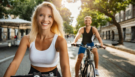 Portrait of a smiling young woman riding a bicycle with her boyfriend in the backgroundの素材