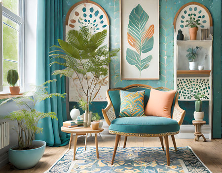 Interior of living room with blue and green walls. 3d renderの素材