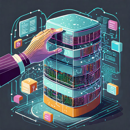 Big data concept in isometric 3d graphic with human hand and server towerの素材