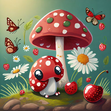 Fly agaric and cherry in the garden. Vector illustration.の素材