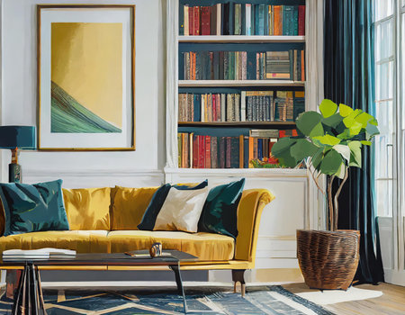 interior of living room with yellow sofa, bookshelf and plantの素材