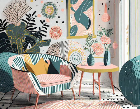 Interior of modern living room with furniture, armchairs, coffee table, coffee table, plants and floral pattern.の素材