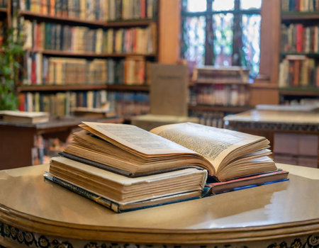 Open book on the table in the library with bookshelves in the backgroundの素材
