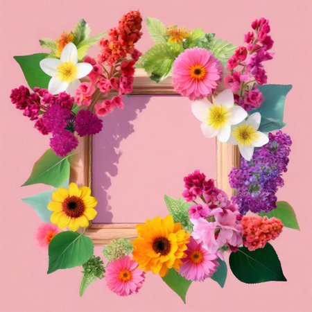 Frame made of flowers on a pink background. Flat lay, top view.の素材