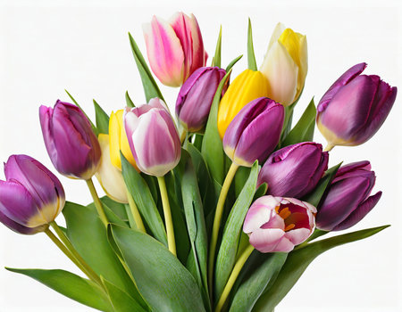 Bouquet of multicolored tulips on a white backgroundの素材