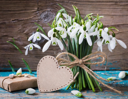 Bouquet of snowdrops with gift box and heart on wooden backgroundの素材
