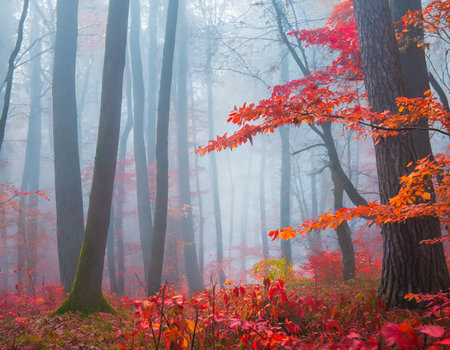 Autumn forest in fog. Colorful trees in autumn forest.の素材