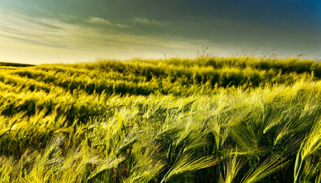 Green wheat field and blue sky with clouds. Beautiful nature scene.の素材