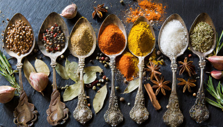 Spices and herbs in metal spoons. Food and cuisine ingredientsの素材