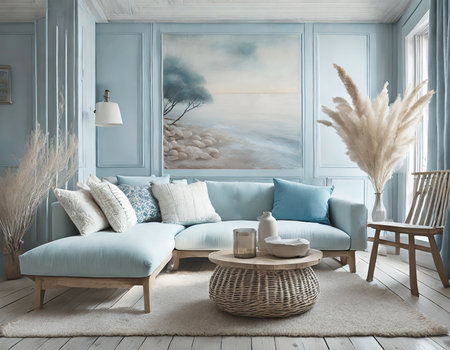 interior design of living room with blue sofa, 3d renderの素材