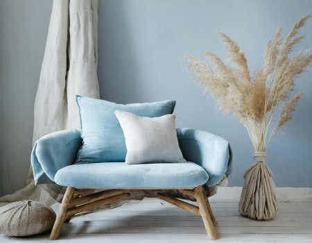 blue sofa with pillows and dried pampas grass in the living roomの素材