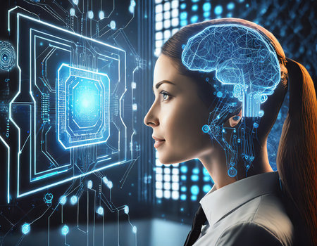 Side view of thoughtful young businesswoman with digital brain hologram on blurry background. Artificial intelligence and AI concept. Double exposureの素材