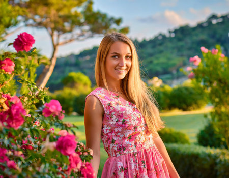 Beautiful young woman in a floral dress in the garden with rosesの素材