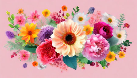 Colorful bouquet of flowers on pink background. Floral designの素材