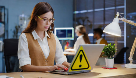 Young woman in eyeglasses using laptop while sitting at desk in officeの素材
