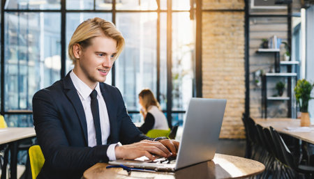 smiling young businessman working with laptop in cafe, panoramic shotの素材