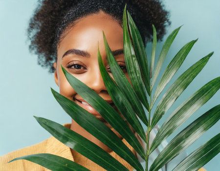 Beauty portrait of young african american woman with green palm leaf.の素材