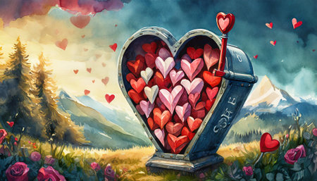 Valentine's day card with heart and arrow. Digital painting.の素材