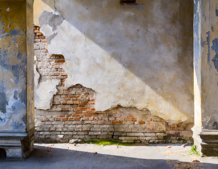 old wall and brick in the old house, closeup of photoの素材