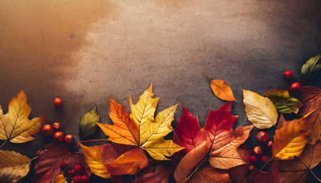 Autumn leaves on rustic background with copy space. Fall season concept.の素材