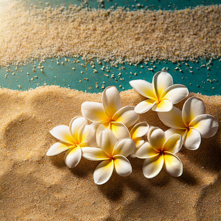 Frangipani flowers on sand with sea background, selective focusの素材