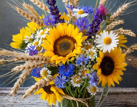 Bouquet of wildflowers and cornflowers on rustic backgroundの素材