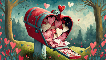 Valentine's Day card with a mailbox full of hearts in the forestの素材