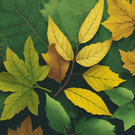 Autumn leaves background. Flat lay, top view, copy space.の素材