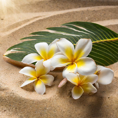 Frangipani flowers with leaves on sand background, spa conceptの素材