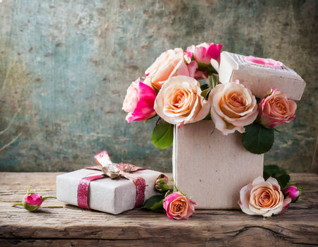 Roses and gift boxes on rustic wooden background, selective focusの素材