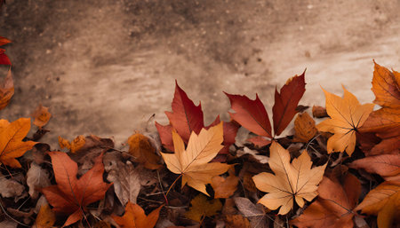 Autumn leaves background with copy space. Top view of fallen autumn leaves with copy space.の素材
