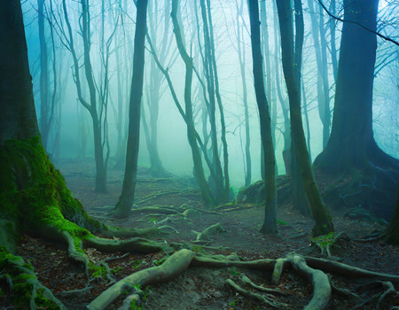 Foggy forest with old tree trunks and roots in the foregroundの素材