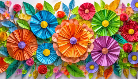 Paper origami flowers. Paper craft background. Colorful origami.の素材