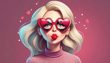 Beautiful blonde girl with red heart shaped glasses. Valentine's day concept.の素材