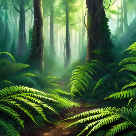 Mystical green forest with ferns. Digital art paintingの素材